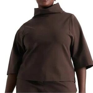 Pari‎ Passu Wool Blend Katy Top Boxy Mock Neck Blouse Coffee Brown D18/Plus18